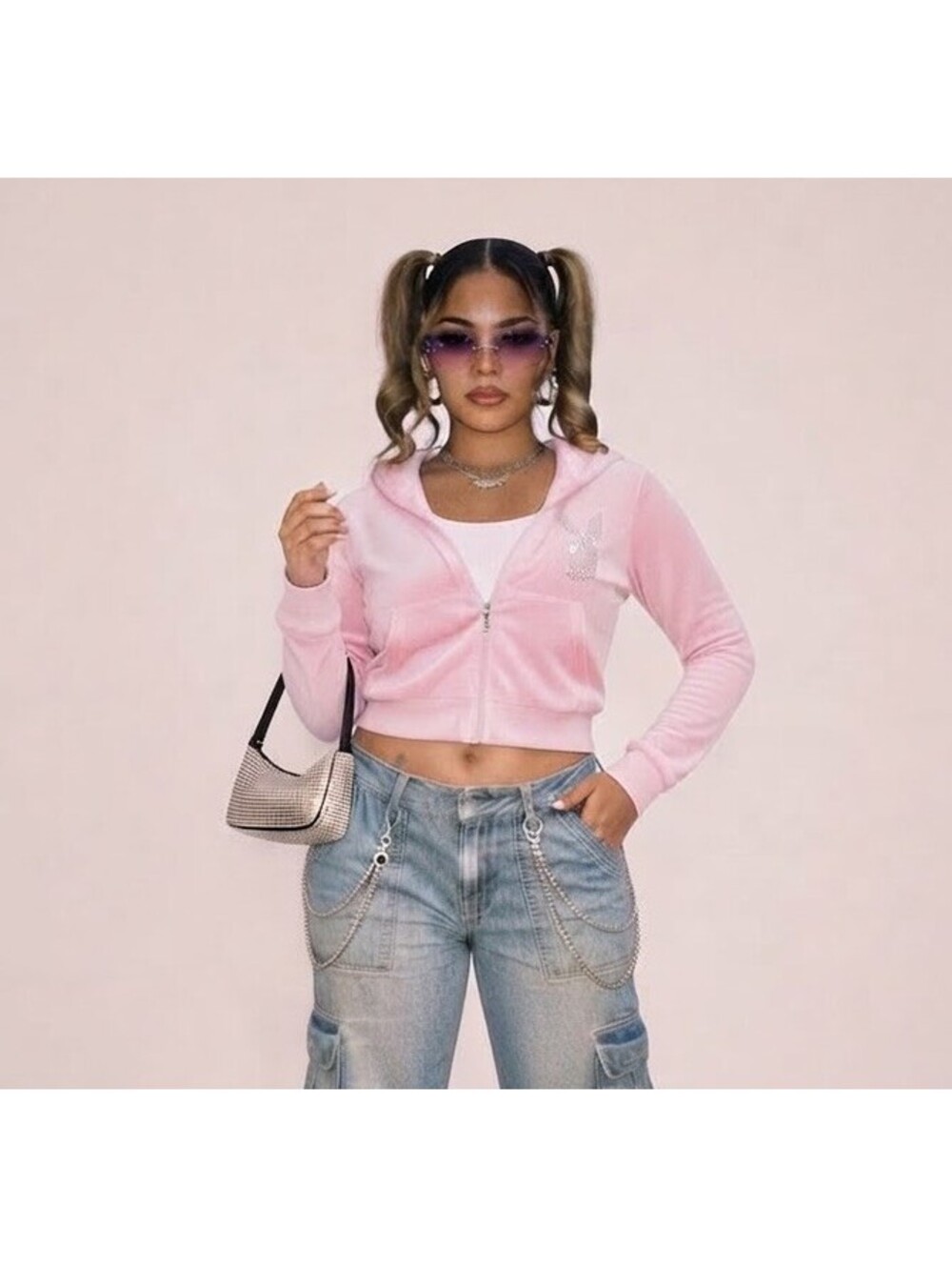 Playboy Velour Rhinestone Bunny Logo Zip Cropped Hoodie - Large - Pink